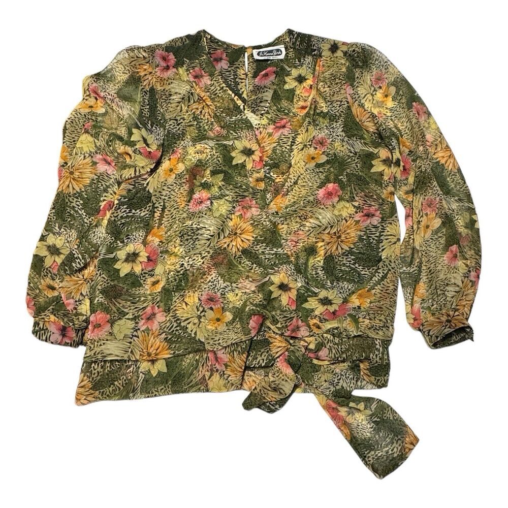 Jo Hanna York By‎ Joan Davis - Vintage Sheer Safari Floral Top Size 10  -  EUC